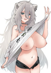 Rule 34 | 1girl, black choker, black shorts, blue eyes, breasts, choker, clothes lift, cowboy shot, dismassd, grey hair, hair between eyes, highres, hololive, huge breasts, lifting own clothes, long hair, looking at viewer, navel, nipples, no bra, open mouth, shirt, shirt lift, shishiro botan, shishiro botan (casual), short shorts, shorts, simple background, smile, solo, t-shirt, teeth, upper teeth only, very long hair, virtual youtuber, white background