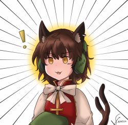 Rule 34 | !, 1girl, :3, :d, animal ears, artist name, bow, bowtie, cat ears, cat tail, chen, commentary, emphasis lines, green hat, hat, headphones, mob cap, multiple tails, nekomata, open mouth, orakuru, red vest, signature, smile, solo, tail, touhou, two tails, unworn hat, unworn headwear, upper body, vest, white bow, white bowtie, yellow eyes