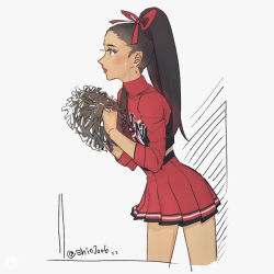 Rule 34 | 1girl, animification, ariana grande, blush, brown eyes, brown hair, cheerleader, from side, grey background, hair behind ear, hair ribbon, holding, holding pom poms, lily (shio1006), long hair, pleated skirt, pom pom (cheerleading), pom poms, ponytail, real life, red lips, red ribbon, red shirt, red skirt, ribbon, shirt, skirt, solo, turtleneck, turtleneck shirt, twitter username