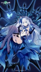 Rule 34 | 1girl, ass, black feathers, black gloves, blue butterfly, blue eyes, blue legwear, bug, butterfly, date a live, date a live: spirit pledge, elbow gloves, feathers, floating, gloves, hair ornament, highres, insect, long hair, looking at viewer, official art, shirt, solo, tobiichi origami, white shirt