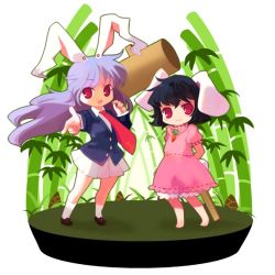 Rule 34 | 2girls, :3, animal ears, bad id, bad pixiv id, bamboo, bamboo forest, barefoot, black hair, chaba (hortensia), chibi, female focus, forest, hammer, inaba tewi, long hair, multiple girls, nature, necktie, purple hair, rabbit ears, red eyes, red necktie, reisen udongein inaba, short hair, touhou