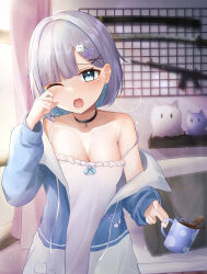Rule 34 | 1girl, absurdres, alternate costume, bedroom, blue eyes, blush, breasts, cleavage, collar, collarbone, commentary request, cup, curtains, gerbera152, hair ornament, hairclip, highres, jacket, kaga sumire, katana, looking at viewer, medium breasts, mug, open mouth, pillow, solo, stuffed toy, sword, virtual youtuber, vspo!, waking up, weapon