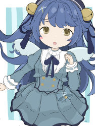 Rule 34 | 1girl, :o, absurdres, amamiya kokoro, bell, blue hair, blush stickers, bow, brown eyes, commentary request, fake wings, fang, grey bow, grey jacket, grey skirt, hand up, highres, jacket, jingle bell, juliet sleeves, long hair, long sleeves, looking at viewer, nijisanji, open clothes, open jacket, parted lips, pleated skirt, puffy sleeves, rururu (pyrk8855), shirt, skirt, solo, striped, striped background, two side up, vertical stripes, very long hair, virtual youtuber, white shirt, white wings, wings
