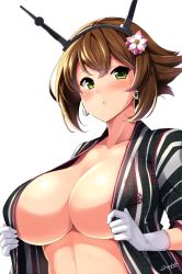 Rule 34 | 10s, 1girl, alternate costume, anchor, anchor earrings, areola slip, artist name, blush, breasts, brown hair, chrysanthemum, cleavage, collarbone, commentary request, earrings, flower, gloves, green eyes, hair flower, hair ornament, headgear, highres, huge breasts, japanese clothes, jewelry, kantai collection, kimono, looking at viewer, mutsu (kancolle), open clothes, open kimono, open mouth, shiny skin, short hair, simple background, solo, striped clothes, striped kimono, white background, white gloves, wide sleeves, yukata, yuuki hb