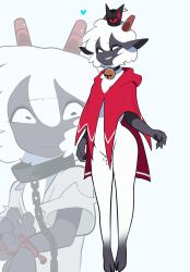 1girl animal_ears bell black_skin cape chain collar colored_skin crown cult_of_the_lamb full_body furry furry_female grin highres horizontal_pupils horns kittem4 looking_at_viewer metal_collar neck_bell red_cape red_crown_(cult_of_the_lamb) red_eyes sheep_ears sheep_horns smile teeth the_lamb_(cult_of_the_lamb) white_hair zoom_layer