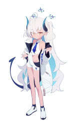 Rule 34 | 1girl, absurdres, ahoge, bare shoulders, black shorts, blue archive, blue hair, blue necktie, buttons, closed mouth, clothes lift, coat, demon tail, doribae, flat chest, full body, halo, highres, hip vent, horns, long hair, looking at viewer, multicolored hair, necktie, off shoulder, open clothes, open coat, orange eyes, pointy ears, shorts, simple background, sleeveless, slit pupils, solo, sumomo (blue archive), sweatdrop, tail, twintails, two side up, very long hair, white background, white coat, white footwear, white hair, white unitard, yellow eyes, zipper