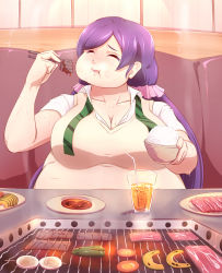 Rule 34 | 10s, 1girl, blush, breasts, cleavage, eating, closed eyes, fat, food, highres, large breasts, long hair, love live!, love live! school idol project, open mouth, purple hair, rice, sitting, solo, sweat, tojo nozomi