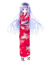 Rule 34 | 1girl, arms behind back, blue hair, blush, bow, bowtie, floral print, full body, golden marriage, hayakawa harui, highres, japanese clothes, kimono, long hair, looking at viewer, marika von wittelsbach, obi, official art, open mouth, purple eyes, sandals, sash, solo, standing, transparent background