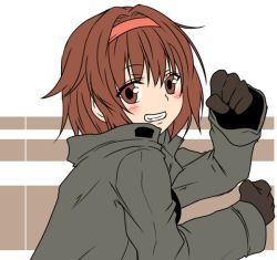 Rule 34 | 1girl, black gloves, blush, brown eyes, brown hair, clenched hands, commentary request, from side, gloves, grey jacket, hair between eyes, hairband, jacket, kantai collection, looking at viewer, open mouth, shiratsuyu (kancolle), short hair, simple background, solo, yua (checkmate)