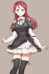 Rule 34 | 10s, 1girl, beige background, black dress, black thighhighs, blush, dress, free style (yohan1754), hair ornament, hairclip, highres, long hair, long sleeves, looking at viewer, love live!, love live! sunshine!!, red hair, sakurauchi riko, simple background, sleeves past wrists, solo, thighhighs, yellow eyes