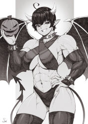 Rule 34 | 1girl, abs, absurdres, ahoge, breasts, bridal gauntlets, collar, demon girl, demon horns, demon tail, demon wings, elbow gloves, gloves, grin, hand on own hip, highres, horns, jack-o&#039;-lantern, large breasts, looking at viewer, monochrome, muscular, muscular female, navel, original, pointy ears, short hair, smile, solo, speedl00ver, spiked collar, spikes, tail, thighhighs, very short hair, wings