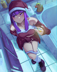 Rule 34 | 1girl, :t, absurdres, alternate costume, bare shoulders, bathtub, black footwear, blunt bangs, blunt ends, blush, breasts, bright pupils, christmas, cigarette, closed mouth, collarbone, commentary, cross-laced footwear, crossed legs, detached sleeves, dress, dutch angle, eyelashes, fern (sousou no frieren), foreshortening, from above, hat, highres, holding, holding cigarette, indoors, lace, lace-trimmed panties, lace trim, large breasts, long hair, looking to the side, loose socks, miniskirt, on toilet, panties, panty pull, pout, purple eyes, purple hair, red skirt, reenz1708, rubber duck, santa costume, santa dress, santa hat, shoes, sidelocks, sitting, skirt, sleeves past wrists, smoking, socks, solo, sousou no frieren, tile floor, tile wall, tiles, toilet, tsurime, underwear, white panties, white socks