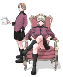 Rule 34 | 2girls, absurdres, armchair, black skirt, blonde hair, blue eyes, boots, braid, breasts, chair, commentary request, crossed arms, darjeeling (girls und panzer), expressionless, french braid, girls und panzer, hand in pocket, highres, holding, holding teapot, jacket, knee boots, large breasts, light smile, looking at viewer, multiple girls, orange pekoe (girls und panzer), pleated skirt, red jacket, short hair, skirt, skrmtl, st. gloriana&#039;s military uniform, teapot, thighs