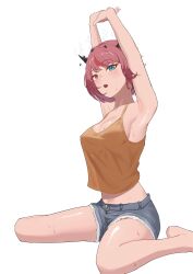 Rule 34 | 1girl, absurdres, alternate costume, armpits, arms up, barefoot, blue eyes, breasts, camisole, commentary, denim, denim shorts, electric fan, english commentary, grey shorts, heterochromia, highres, hololive, hololive english, irys (casualrys) (hololive), irys (hololive), large breasts, looking at viewer, orange camisole, parted lips, pointy ears, purple hair, red hair, shift (shiftillust), short hair, shorts, simple background, sitting, solo, stretching, sweat, virtual youtuber, wariza, white background