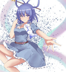 Rule 34 | 1girl, belt, blue dress, blue eyes, blue hair, blush, breasts, chisel, collarbone, commentary request, dress, drill hair, drill sidelocks, feet out of frame, flower, frills, hair between eyes, hair ornament, hair rings, hair stick, hand in own hair, highres, kaku seiga, knee up, looking at viewer, medium breasts, medium hair, open clothes, open vest, outstretched arm, parted lips, petals, puffy short sleeves, puffy sleeves, short sleeves, sidelocks, smile, solo, thighs, touhou, vel0x s, vest, white background