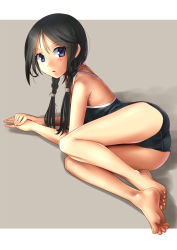 Rule 34 | 1girl, ass, barefoot, black hair, blue eyes, braid, derivative work, feet, full body, hair over shoulder, katahira masashi, looking at viewer, lying, on side, one-piece swimsuit, original, school swimsuit, soles, solo, swimsuit, toes, twin braids