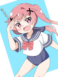 Rule 34 | 1girl, :d, arm up, black sailor collar, blue background, blush stickers, bow, commentary request, covered navel, fang, hair ornament, highres, kapuru 0410, long hair, looking at viewer, open mouth, pink hair, red bow, red eyes, sailor collar, salute, school swimsuit, school uniform, serafuku, shirt, short sleeves, smile, solo, swimsuit, swimsuit under clothes, tanemura koyori, translation request, twintails, two-tone background, very long hair, watashi ni tenshi ga maiorita!, white background, white shirt, x hair ornament