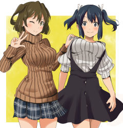 Rule 34 | 10s, 2girls, ;), alternate costume, blue eyes, blue hair, blush, breasts, brown eyes, brown hair, buttons, casual, dress, hand on another&#039;s shoulder, hiryuu (kancolle), kantai collection, large breasts, long hair, long sleeves, looking at viewer, multiple girls, okuba, one eye closed, one side up, ribbed sweater, short hair, skirt, sleeveless, sleeveless dress, smile, souryuu (kancolle), sweater, turtleneck, twintails