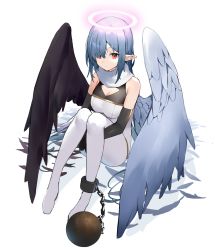 Rule 34 | 1girl, absurdres, angel wings, ball and chain restraint, bare shoulders, black feathers, black gloves, black wings, blue hair, breasts, cleavage, cleavage cutout, closed mouth, clothing cutout, eyes visible through hair, feathered wings, feathers, gloves, glowing, halo, highres, long hair, no shoes, orange eyes, original, pointy ears, ryou (ponpgo), scarf, sitting, skindentation, solo, white scarf, wings
