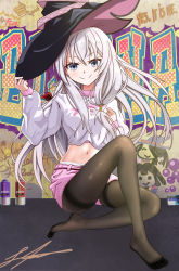 Rule 34 | 1girl, black hat, black pantyhose, character name, closed mouth, elaina (majo no tabitabi), floating hair, grey eyes, hair between eyes, hat, highres, link say2, long hair, long sleeves, looking at viewer, majo no tabitabi, midriff, navel, pantyhose, pantyhose under shorts, pink shorts, short shorts, shorts, signature, silver hair, sitting, smile, solo, stomach, sweater, very long hair, white sweater, witch hat