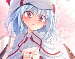 Rule 34 | 1girl, ascot, bad id, bad pixiv id, bat wings, beret, blue hair, blush, capelet, cherry blossoms, commentary request, frilled capelet, frills, hair between eyes, hat, head tilt, holding, holding letter, ina (inadahime), letter, looking at viewer, nail polish, parted lips, petals, pink nails, red eyes, remilia scarlet, solo, touhou, upper body, white ascot, white capelet, white hat, wings