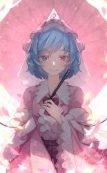Rule 34 | 1girl, absurdres, alternate color, belt, blue eyes, blue hair, blush, bow, bowtie, breasts, cherry blossoms, chiroru (cheese-roll), closed mouth, collared dress, cosplay, dress, frilled kimono, frills, hair between eyes, hand fan, hand up, hat, heterochromia, highres, japanese clothes, juliet sleeves, kimono, long sleeves, looking at viewer, medium breasts, mob cap, oil-paper umbrella, petals, pink dress, pink hat, pink kimono, puffy sleeves, purple belt, purple bow, purple bowtie, red eyes, saigyouji yuyuko, saigyouji yuyuko (cosplay), short hair, simple background, smile, solo, straight-on, tatara kogasa, touhou, triangular headpiece, umbrella, white background, wide sleeves