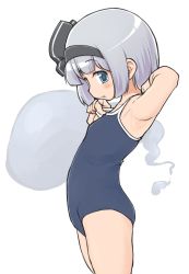 Rule 34 | 1girl, adjusting clothes, adjusting swimsuit, armpits, arms up, ass, bad id, bad twitter id, blue eyes, from side, hairband, highres, hitodama, konpaku youmu, konpaku youmu (ghost), one-piece swimsuit, ribbon, school swimsuit, short hair, silver hair, simple background, solo, swimsuit, thighs, touhou, turnip kabura, white background