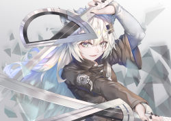 Rule 34 | 1girl, arknights, arm up, asymmetrical sleeves, bad id, bad pixiv id, black nails, brown jacket, commentary request, dual wielding, elbow gloves, fang, female focus, fingerless gloves, fingernails, gloves, green eyes, grey background, hair between eyes, hair ornament, hairclip, highres, holding, holding sword, holding weapon, jacket, lappland (arknights), layered sleeves, long hair, long sleeves, looking at viewer, nail polish, outstretched arm, parted lips, ray (pixiv9514208), scar, scar across eye, scar on face, short over long sleeves, short sleeves, silver hair, smile, solo, sword, uneven sleeves, very long hair, weapon, white gloves, wide sleeves