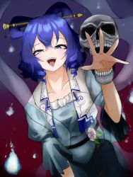 Rule 34 | 1girl, blue eyes, blue hair, collarbone, covered navel, dress, drill hair, gradient background, hair ornament, hair rings, hair stick, highres, kaku seiga, looking at viewer, shawl, short hair, simple background, skull, solo, takana (forsterite), tongue, tongue out, touhou, vest