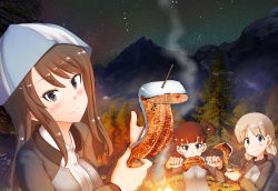 Rule 34 | 3girls, aki (girls und panzer), blonde hair, blush, brown hair, campfire, cooking, dark, eating, fish, food, girls und panzer, green eyes, hat, keizoku military uniform, long hair, looking at viewer, megadeko, mika (girls und panzer), mikko (girls und panzer), mountian, multiple girls, night, night sky, outdoors, photo background, short hair, short twintails, skewer, sky, smile, smoke, star (sky), starry sky, tree, twintails, two side up