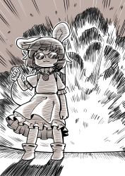 Rule 34 | 1girl, :3, animal ears, ankle boots, antennae, backpack, bag, boots, rabbit ears, detonator, dress, emphasis lines, explosion, facing viewer, holding, inaba tewi, jewelry, monochrome, necklace, poronegi, solo, standing, sunglasses, touhou