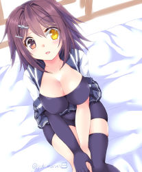Rule 34 | 10s, 1girl, bed sheet, black gloves, black thighhighs, blue skirt, blush, breasts, breasts squeezed together, brown eyes, brown hair, cleavage, elbow gloves, eyebrows, from above, furutaka (kancolle), gloves, glowing, glowing eye, hair between eyes, hands on own knees, heterochromia, kantai collection, large breasts, looking at viewer, matching hair/eyes, miniskirt, on bed, open clothes, own hands together, pleated skirt, school uniform, serafuku, short hair, short sleeves, single elbow glove, single thighhigh, sitting, skindentation, skirt, solo, tamagawa yukimaru, thighhighs, twitter username, unitard, v arms, yellow eyes