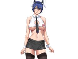 Rule 34 | 10s, 1girl, animal ears, areola slip, asagiri sachie, bare shoulders, black thighhighs, blue hair, blush, breasts, collarbone, female focus, game cg, glasses, gluteal fold, green eyes, large breasts, legs, looking at viewer, navel, necktie, rabbit ears, sei shoujo, short hair, skirt, smile, solo, standing, starless, thighhighs, thighs, transparent background, white background, will (company), wrist cuffs, zettai ryouiki