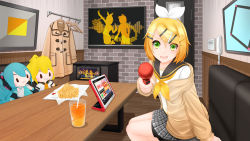 Rule 34 | 1boy, 2girls, :d, blonde hair, blush, bow, character doll, clothes hanger, clothes rack, drink, fang, food, french fries, green eyes, hair bow, hair ornament, hairband, hairclip, hatsune miku, highres, holding, holding microphone, indoors, jacket, kagamine len, kagamine rin, kantera3902, karaoke, looking at viewer, microphone, multiple girls, object request, off shoulder, open mouth, pleated skirt, pov, school uniform, screen, serafuku, short hair, shorts, shorts under skirt, skirt, smile, television, vocaloid