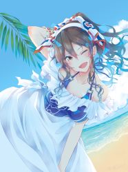 Rule 34 | 1girl, :d, alternate costume, alternate hairstyle, arm behind head, ashigara (kancolle), bangle, beach, between legs, bikini, bikini under clothes, blue bikini, blue sky, blush, bracelet, breasts, brown eyes, brown hair, cleavage, cloud, colis, collarbone, day, dress, fangs, floating hair, hair between eyes, hair ornament, hair ribbon, hairband, hand between legs, highres, jewelry, kantai collection, large breasts, leaning forward, long hair, looking at viewer, ocean, one eye closed, open mouth, outdoors, ponytail, ribbon, sand, sidelocks, sky, smile, solo, standing, sunlight, swimsuit, water, waves, wind, wind lift