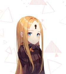 Rule 34 | 1girl, abigail williams (fate), bad id, bad pixiv id, black bow, black dress, blonde hair, blue eyes, blush, bow, closed mouth, dress, fang, fang out, fate/grand order, fate (series), keyhole, long hair, md5 mismatch, no headwear, orange bow, parted bangs, polka dot, polka dot bow, simple background, smile, solo, sugar (dndi888), upper body, very long hair, white background