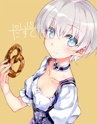 Rule 34 | 1girl, absurdres, alternate costume, artist logo, blue eyes, choker, collarbone, cross, dated, dirndl, flat chest, food, german clothes, highres, kantai collection, looking at viewer, narumiya (empty cafe), pretzel, short hair, silver hair, simple background, solo, upper body, yellow background, z1 leberecht maass (kancolle)