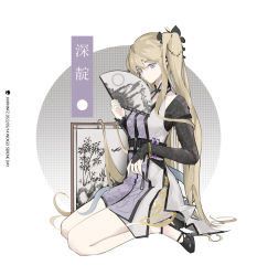 Rule 34 | 1girl, absurdres, arknights, black footwear, blonde hair, bridal gauntlets, commentary request, dress, folding fan, hand fan, high heels, highres, holding, holding fan, indigo (arknights), indigo (serene day) (arknights), khrnnfz, long hair, official alternate costume, one side up, purple eyes, seiza, sitting, solo, very long hair, white background, white dress