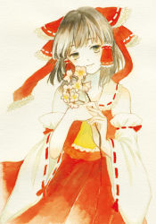 Rule 34 | 1girl, ascot, bare shoulders, black hair, bow, branch, detached sleeves, face, female focus, flower, hair bow, hair tubes, hakurei reimu, japanese clothes, miko, painting (medium), sidelocks, smile, solo, sugi, touhou, traditional media, watercolor (medium)