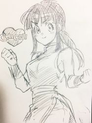 Rule 34 | 1girl, arms at sides, black hair, blush, character name, chi-chi (dragon ball), chinese clothes, clenched hands, dragon ball, dragon ball (classic), frown, grin, heart, highres, looking at viewer, monochrome, ponytail, simple background, smile, solo, upper body, white background, wristband, yosi (yosi ton)