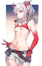 Rule 34 | 1girl, absurdres, arknights, belt, black belt, bra, bra pull, bracelet, braid, breasts, chinese commentary, cleavage, clothes pull, collarbone, commentary, cowboy shot, dragon horns, hair ornament, highres, horns, jewelry, looking at viewer, multicolored hair, navel, nian (arknights), pointy ears, purple eyes, red bra, red hair, saw272, shorts, single braid, small breasts, solo, streaked hair, thigh gap, underwear, v, white hair, white shorts