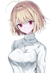 Rule 34 | 1girl, antenna hair, arcueid brunestud, blonde hair, cross, cross necklace, highres, jewelry, looking at viewer, necklace, red eyes, short hair, simple background, sketch, smile, solo, sweater, tsukihime, tsukihime (remake), turtleneck, turtleneck sweater, upper body, white background, white sweater, yuyuyuyhz