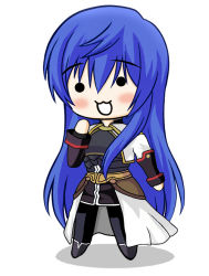 Rule 34 | 1girl, blue hair, chibi, female focus, full body, maria traydor, pantyhose, simple background, skirt, smile, solo, star ocean, star ocean till the end of time, white background