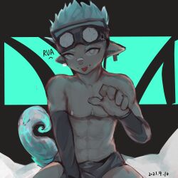 Rule 34 | 1boy, arknights, bandaid, bandaid on face, bandaid on nose, bandaids on nipples, black male underwear, blue hair, collarbone, ethan (arknights), fangs, goggles, goggles on head, grey eyes, highres, lizard tail, looking at viewer, male focus, male underwear, nipples, p7ywirzyw8lesuc, pasties, pointy ears, reptile boy, short hair, solo, spiked hair, tail, toned, toned male, tongue, tongue out, tooth earrings, topless male, underwear