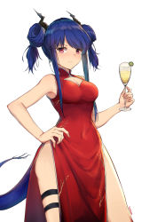 Rule 34 | 1girl, arknights, bare arms, bare shoulders, blue hair, blush, breasts, ch&#039;en (ageless afterglow) (arknights), ch&#039;en (arknights), china dress, chinese clothes, chinese commentary, cleavage, cleavage cutout, clothing cutout, commentary request, covered navel, cowboy shot, cup, double bun, dress, drinking glass, hair bun, hand on own hip, highres, holding, holding cup, horns, long hair, looking at viewer, medium breasts, official alternate costume, pelvic curtain, red dress, red eyes, side slit, simple background, sleeveless, sleeveless dress, solo, standing, tail, thigh strap, twintails, vchan, white background, wine glass