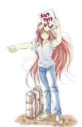 Rule 34 | 00s, 1girl, aozaki aoko, converse, denim, hitchhiking, holding, holding sign, iwaki hiro, jeans, long hair, looking at viewer, notebook, pants, red hair, shoes, sign, simple background, sneakers, solo, suitcase, translated, tsukihime, very long hair, white background