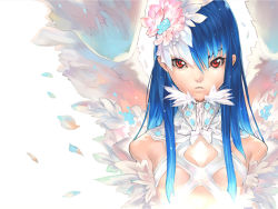 Rule 34 | angel, blue hair, character request, feathers, flower, hair flower, hair ornament, hakua ugetsu, long hair, red eyes, solo, wallpaper, wings
