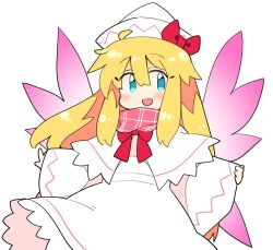 Rule 34 | 1girl, blonde hair, blue eyes, capelet, dress, fairy, fairy wings, hat, ini (inunabe00), lily white, long hair, long sleeves, simple background, solo, touhou, white background, white capelet, white dress, white hat, wide sleeves, wings