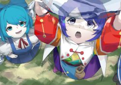 Rule 34 | 2girls, :d, absurdres, blue bow, blue eyes, blue hair, bow, cirno, dauchimk 1, dress, from above, highres, holding, looking up, multicolored clothes, multicolored dress, multiple girls, open mouth, patchwork clothes, short hair, smile, tenkyuu chimata, touhou