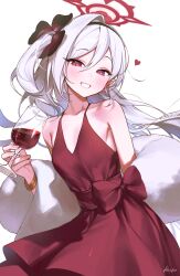 Rule 34 | 1girl, bare shoulders, blue archive, breasts, cleavage, dress, grey hair, handot (d yot ), highres, long hair, looking at viewer, mutsuki (blue archive), pink eyes, red dress, smile, solo